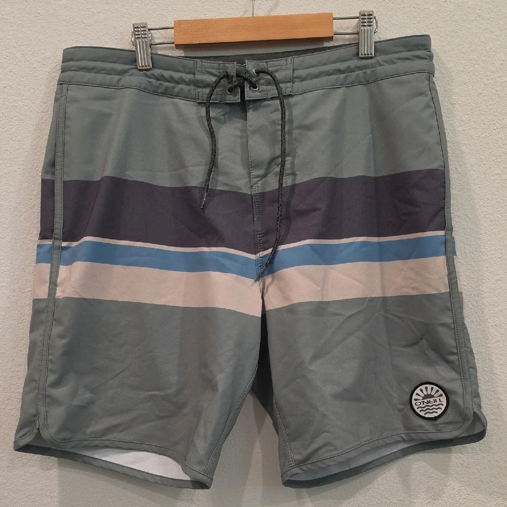 O'Neill Cruzers Sage Green Boardshorts with Grey, Blue & Tan Stripes